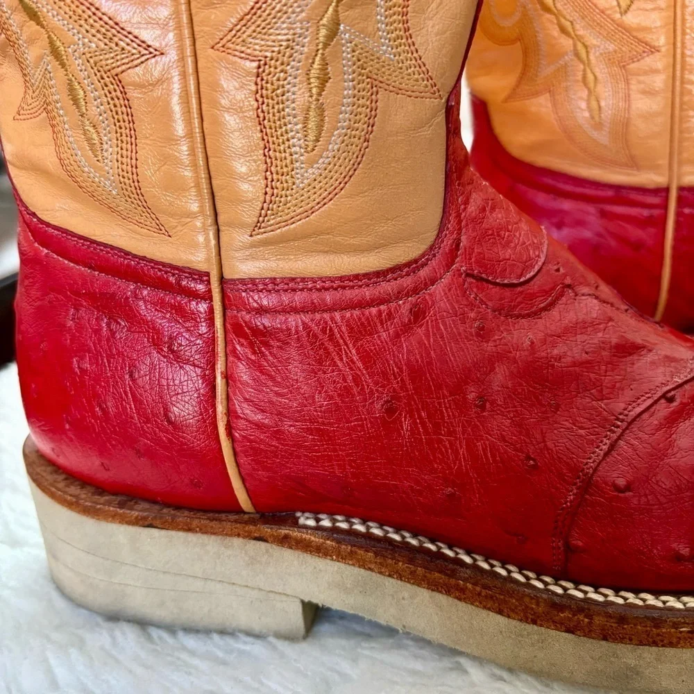 Rudy Lara Genuine Ostrich skin 2Tone Red/Cognac Leather Women’s Western Boots 7